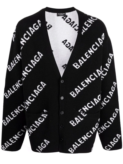 Balenciaga Logo-intarsia Wool-blend Cardigan In Black,white | ModeSens