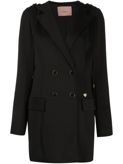 Shop Twinset Double-breasted Hooded Coat In Black