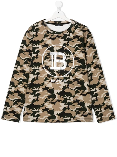 Shop Balmain Teen Camouflage-print Logo Sweatshirt In Brown
