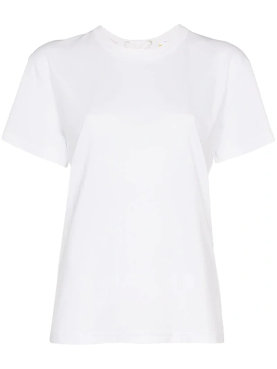 Shop Moncler Lace-up Logo Embossed Cotton T-shirt In White