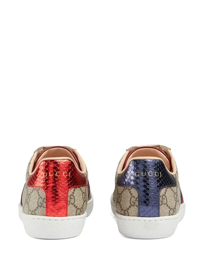 Gucci Ace Gg Supreme Metallic Watersnake-trimmed Logo-print Coated-canvas Sneakers In Blue ModeSens