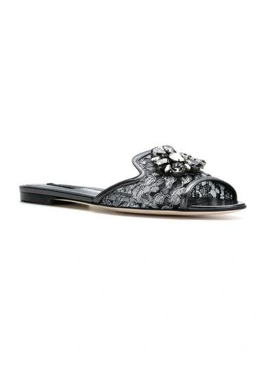 Dolce & Gabbana Bianca Lurex Lace Flat Sandals In Black