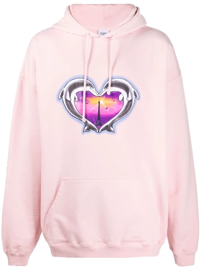 Shop Vetements Heart Print Drawstring Hoodie In Rosa