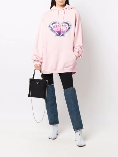 Shop Vetements Heart Print Drawstring Hoodie In Rosa