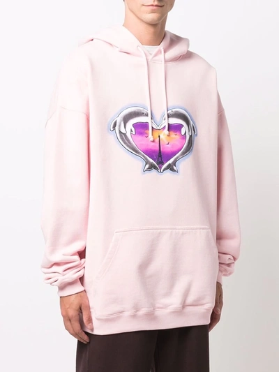 Shop Vetements Heart Print Drawstring Hoodie In Rosa