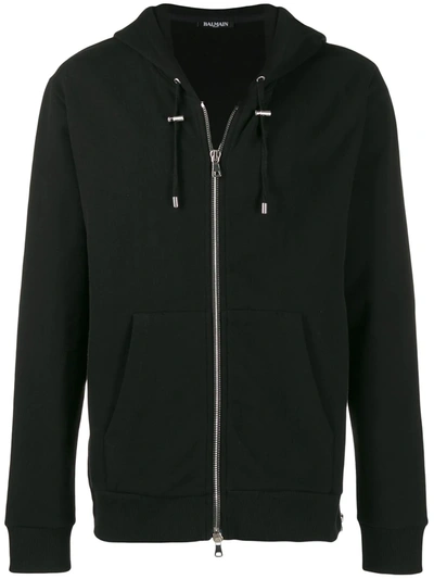 Shop Balmain Logo Emblem Zip-up Hoodie In Black