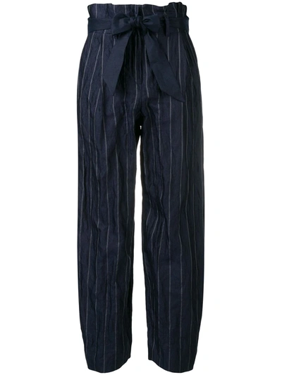 Shop Emporio Armani Belted Striped Trousers In Blue
