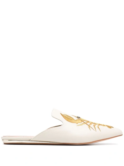 Shop Kurt Geiger Lobster Embroidered Slippers In Neutrals