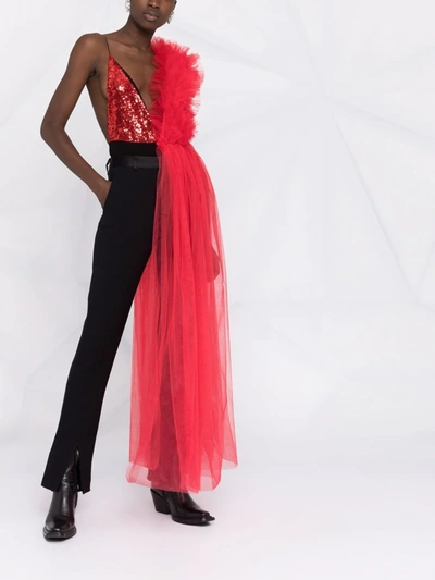 Shop Alchemy Asymmetrical Ruffled Tulle-draped Blouse In Rot