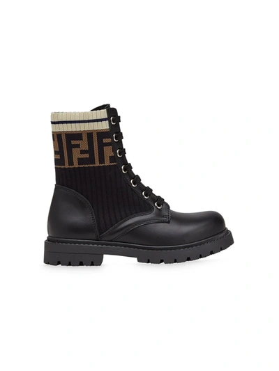 Fendi Ff Motif Lace-up Leather Boots In Black