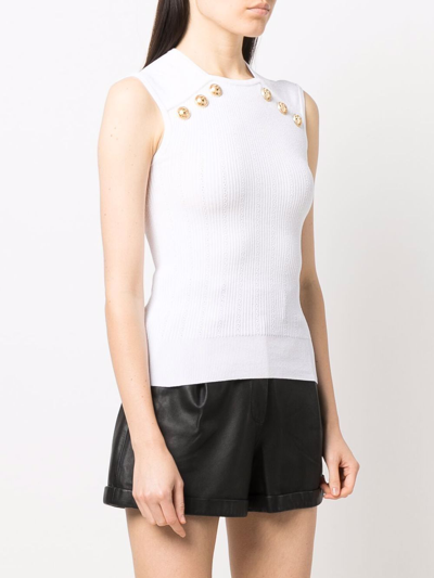 Shop Balmain Button-detail Ribbed-knit Vest Top In White