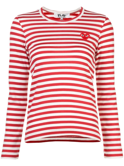 Shop Comme Des Garçons Play Little Red Heart Striped T-shirt In White
