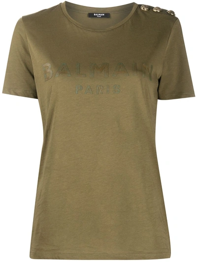 Shop Balmain Button-embellished Logo Print T-shirt In Green