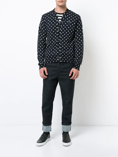 Comme Des Garçons Play Dot Print Wool Cardigan With Black Emblem In Blue