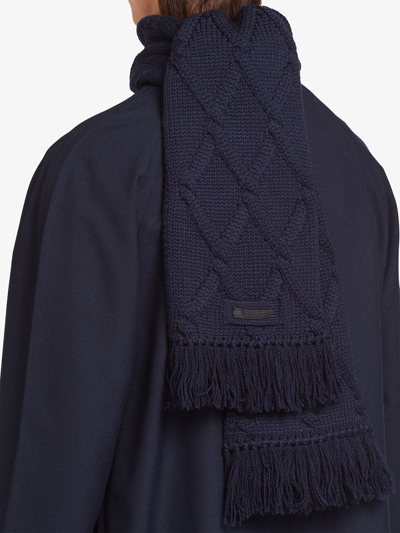 Shop Prada Cable Knit Pattern Scarf In Blue