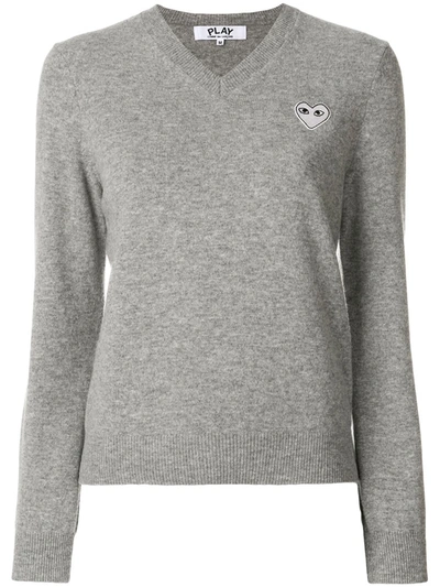 Comme Des Garçons Play Grey Heart Patch V-neck Sweater In Grey