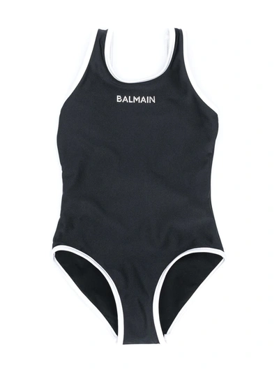 Shop Balmain Rhinestone Logo One-piece Swimsuit In Black