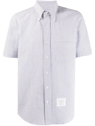 Shop Thom Browne Striped Short-sleeved Seersucker Shirt In Blue