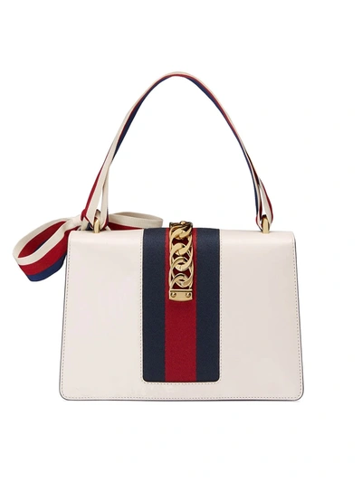 Shop Gucci White Embroidered Sylvie Small Shoulder Bag