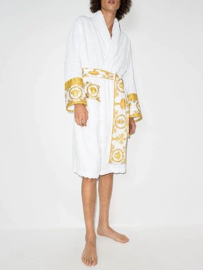 Shop Versace Baroque Trim Bath Robe In White