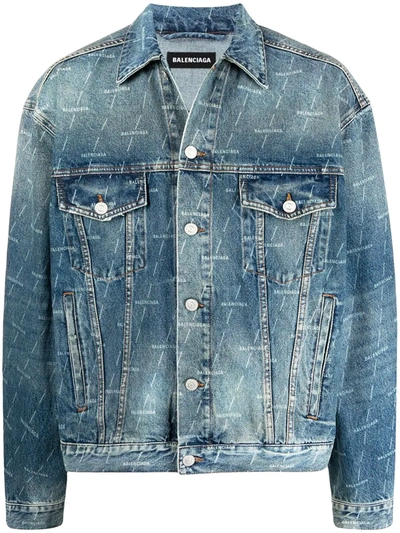 Shop Balenciaga Logo Print Denim Jacket In Blue