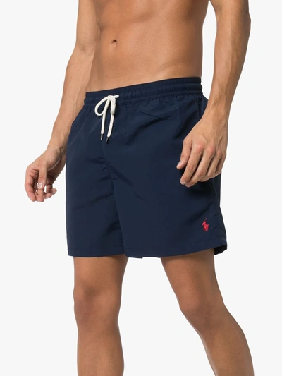 Shop Polo Ralph Lauren Logo Embroidered Swim Shorts In Blue