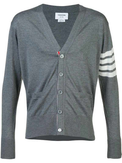 Shop Thom Browne V-neck Cardigan With 4-bar Stripe In Medium Grey Merino