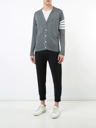 Shop Thom Browne V-neck Cardigan With 4-bar Stripe In Medium Grey Merino