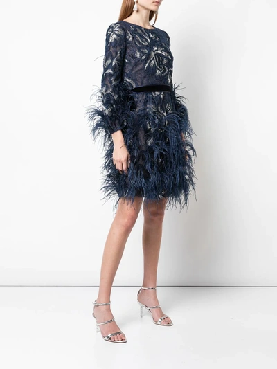 Shop Marchesa Fringe Floral Dress In Blue