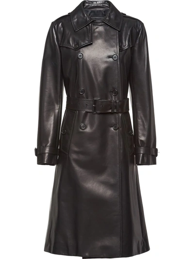 Shop Prada Double Breasted Leather Coat In Black