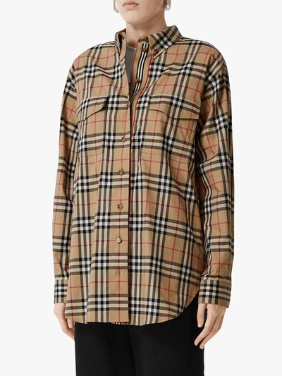 Shop Burberry Vintage Check Stretch Cotton Oversized Shirt In Neutrals