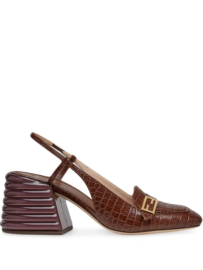 Shop Fendi Promenade Crocodile-effect Slingback Loafers In Brown
