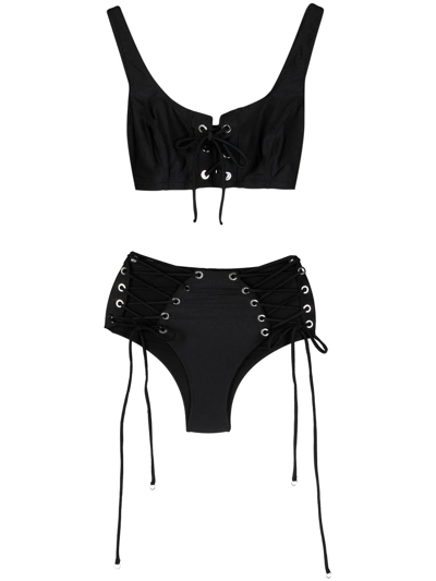 Noire Swimwear Lattice-strap Bikini Set In 黑色