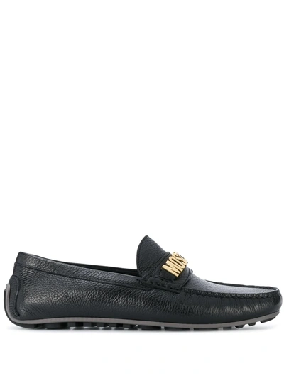 Shop Moschino Lettering Logo Leather Loafers In Black