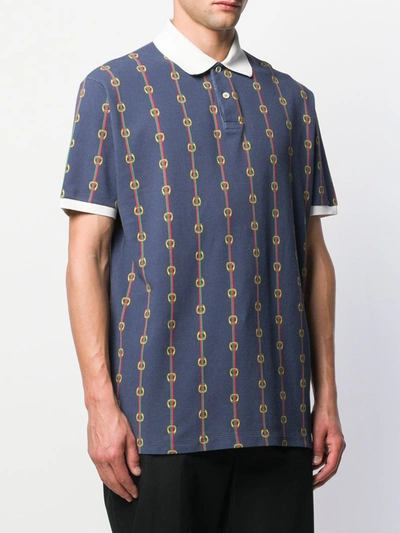 Shop Gucci Horsebit Chain Print Oversized Polo Shirt In Blue