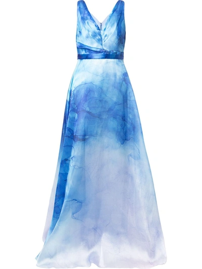 Shop Marchesa Notte Printed Flared Gown In Blue