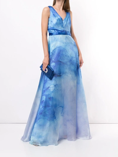 Shop Marchesa Notte Printed Flared Gown In Blue