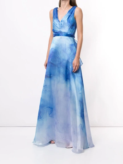 Shop Marchesa Notte Printed Flared Gown In Blue