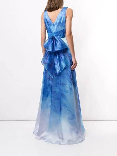 Shop Marchesa Notte Printed Flared Gown In Blue