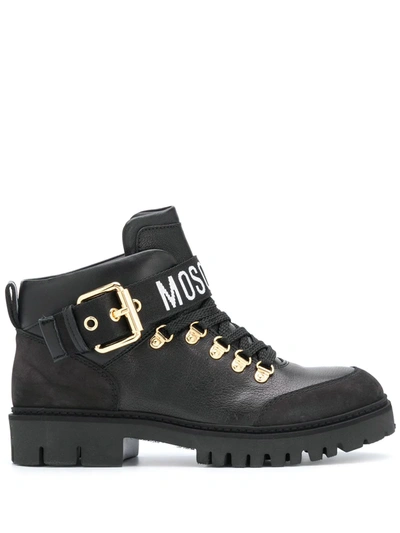Shop Moschino Leather Lace-up Boots In Black