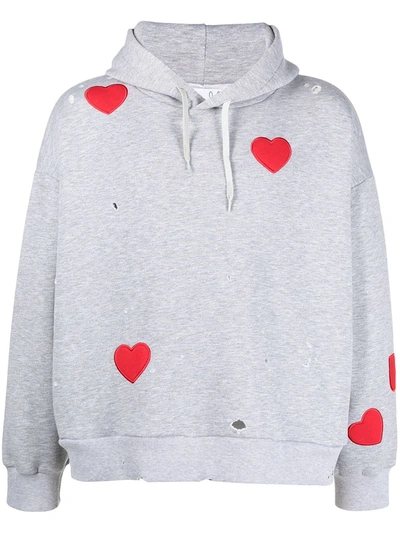 Shop Natasha Zinko Heart-embroidered Drawstring Hoodie In Grey