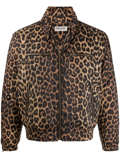 Shop Saint Laurent Leopard-print Bomber Jacket In Brown
