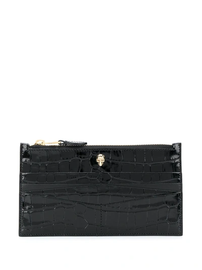 Alexander Mcqueen Flat Zip Crocodile-effect Wallet In Black