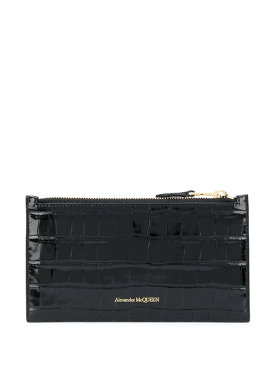 Shop Alexander Mcqueen Flat Zip Crocodile-effect Wallet In Black