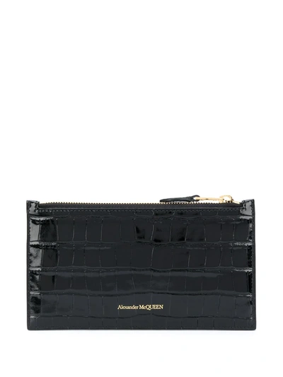 Alexander Mcqueen Flat Zip Crocodile-effect Wallet In Black