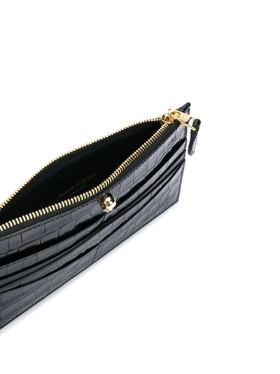 Alexander Mcqueen Flat Zip Crocodile-effect Wallet In Black