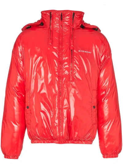 Shop Givenchy High Shine Hooded Puffer Jacket In Red