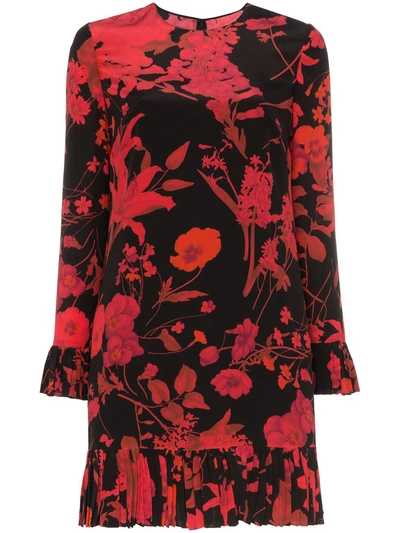 Shop Valentino Floral Print Long-sleeve Minidress In Black