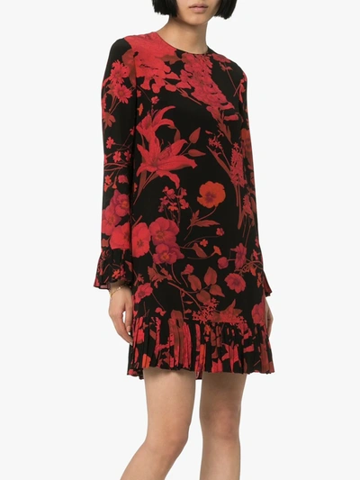 Shop Valentino Floral Print Long-sleeve Minidress In Black