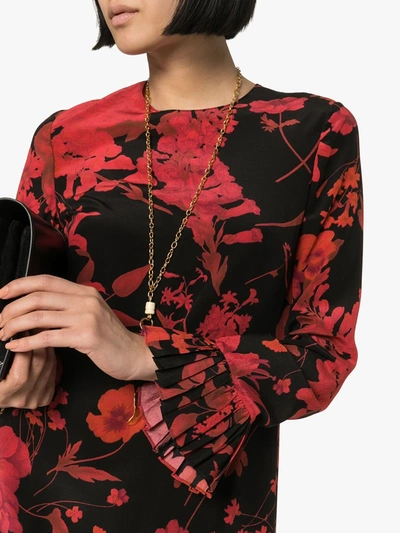 Shop Valentino Floral Print Long-sleeve Minidress In Black